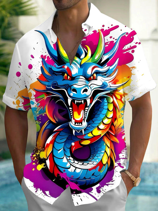 Men's short sleeve tie dye dragon print shirt front view