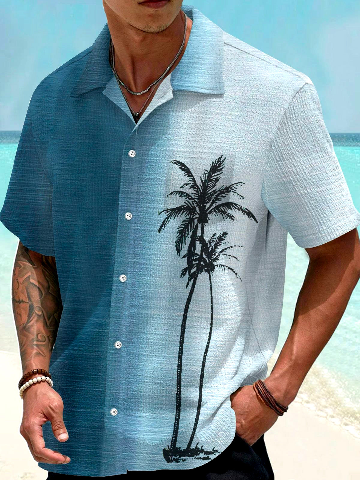 Coconut Tree Men's Pocket Short Sleeve Cuban Collar Shirts