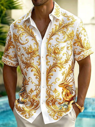 Art Luxury Gilded Scroll Grass Dragon Pattern Men's Pocket Short Sleeve Shirts