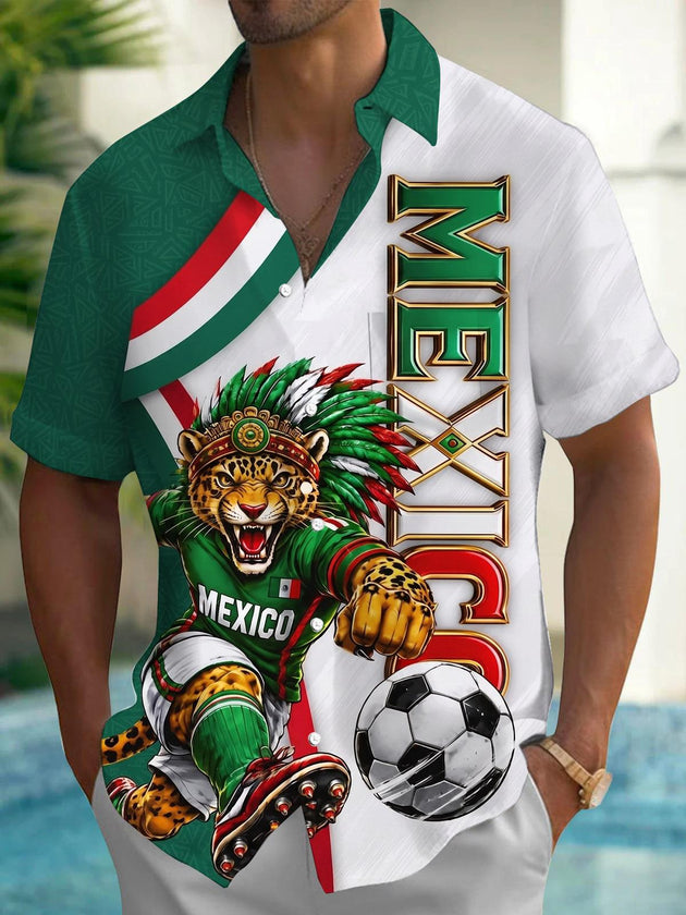 Mexican Football Jaguar Hawaiian Print Men's Pocket Short Sleeve Shirts