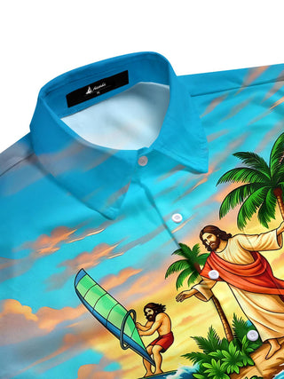 Men's blue tropical aloha short sleeve shirt side view