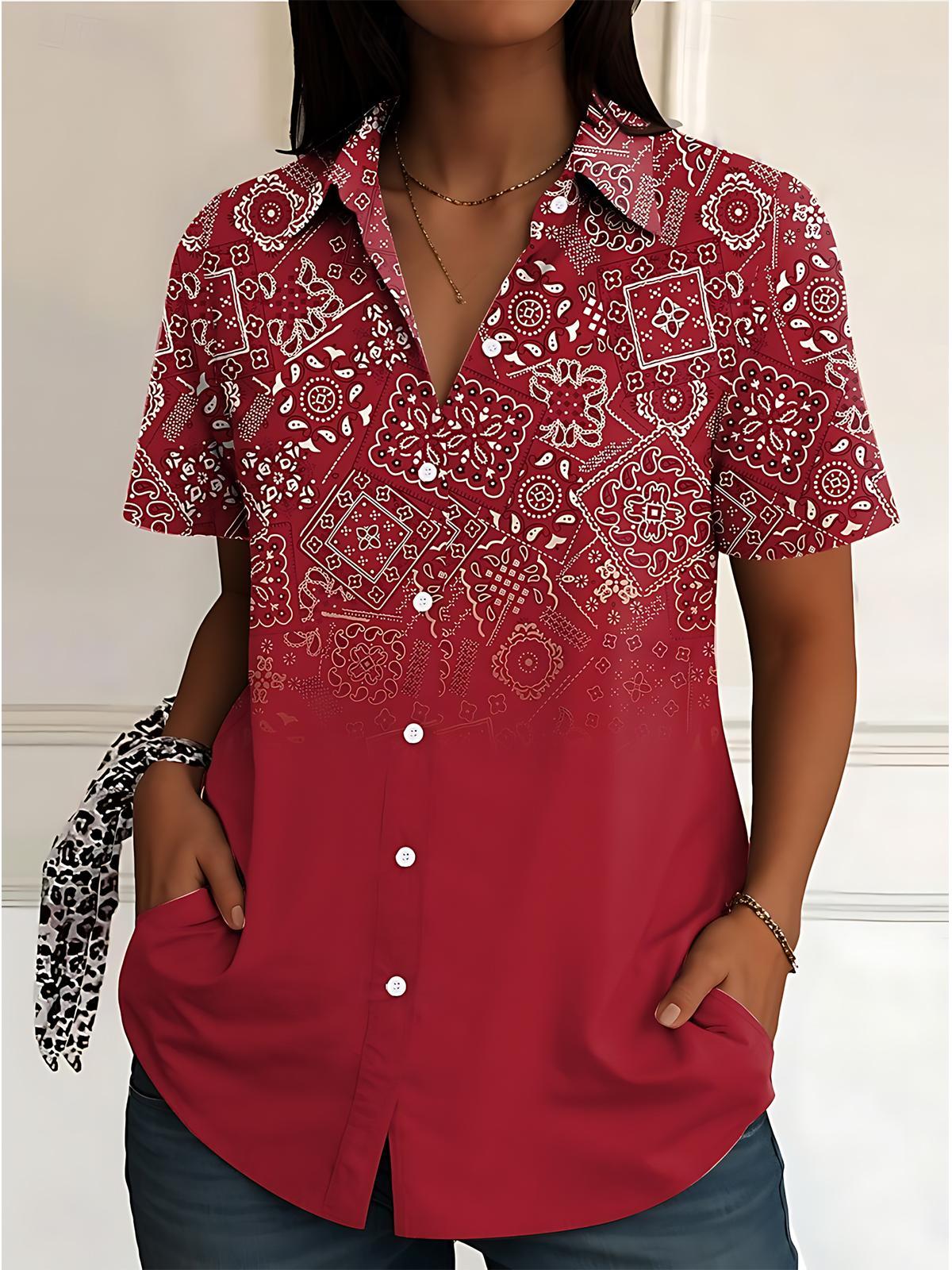 Vintage Ethnic Print Women's Short Sleeve Shirts