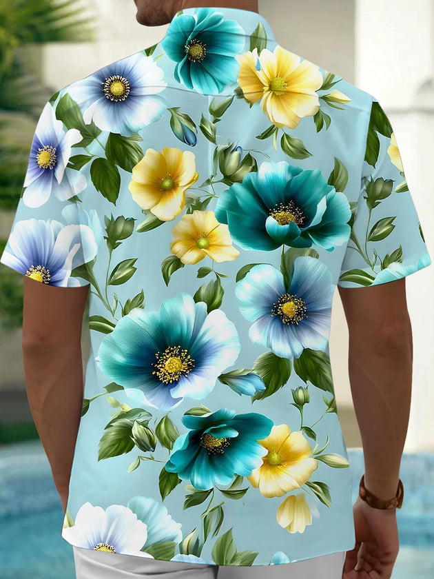 Men's blue floral short sleeve Hawaiian shirt back view