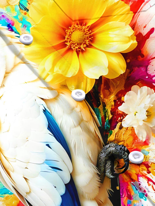 Men's white Hawaiian colorful ink splash parrot and flowers short sleeve shirt flat lay
