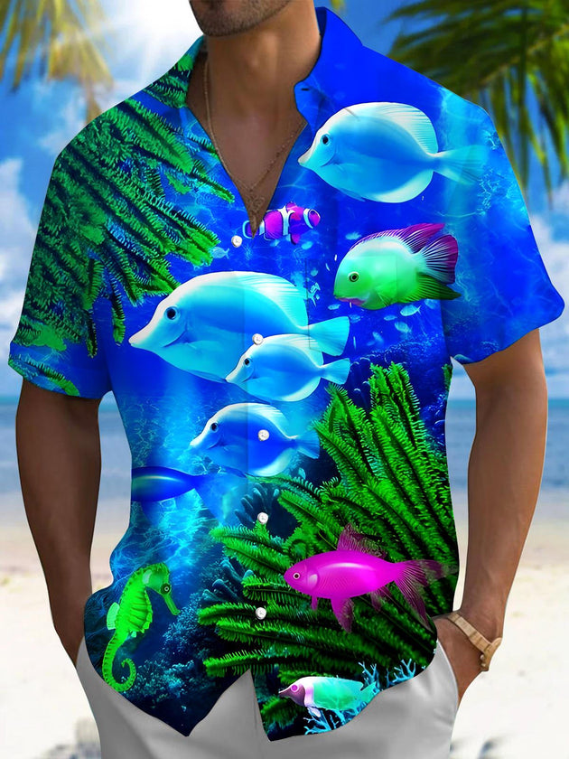 Men's Hawaiian fish print short sleeve shirt front view for tropical beach vacation