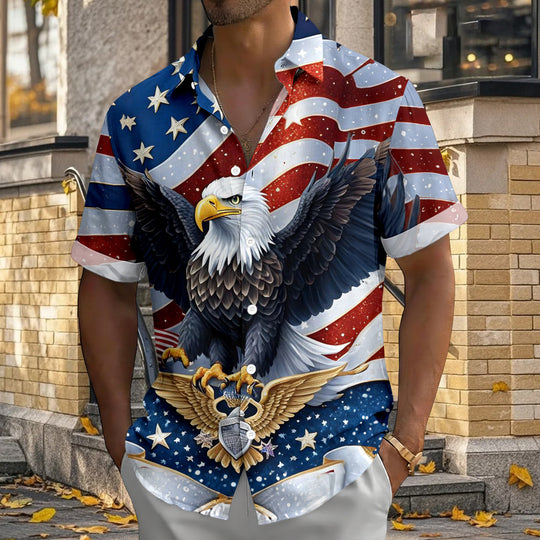 Men in red Hawaiian American flag print short sleeve button up shirt at a lively street fair for Independence Day