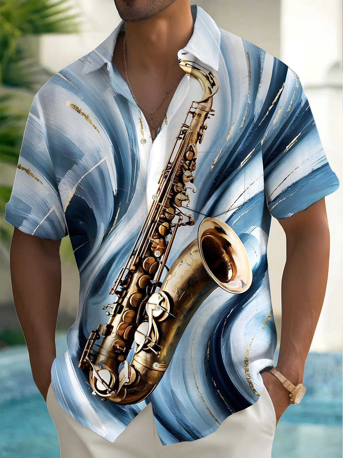 Musical Instrument Print Men's Pocket Short Sleeve Shirts