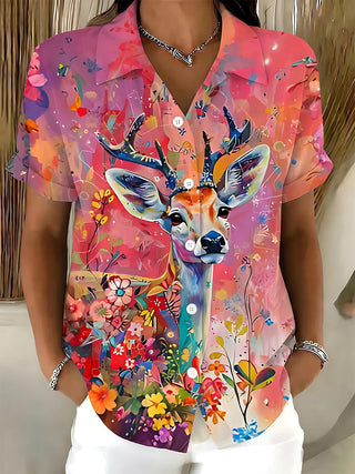 Watercolor Deer Floral Art Women's Short Sleeve Shirts