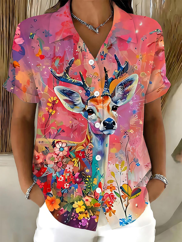 Watercolor Deer Floral Art Women's Short Sleeve Shirts