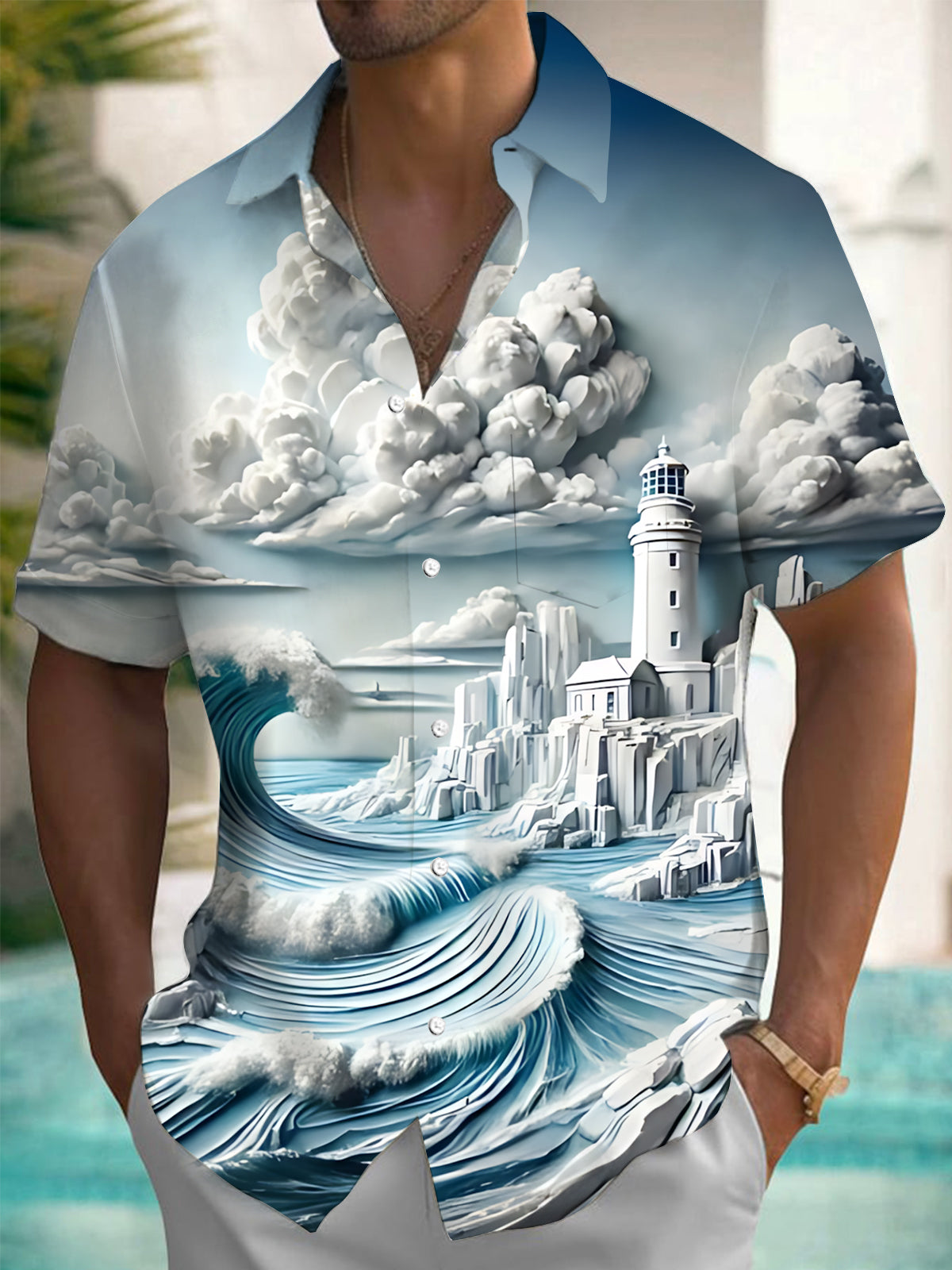 Lighthouse Clouds Waves Art Print Men's Pocket Short Sleeve Shirts
