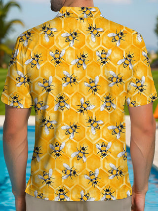 Men's bee print short sleeve button polo shirt back view