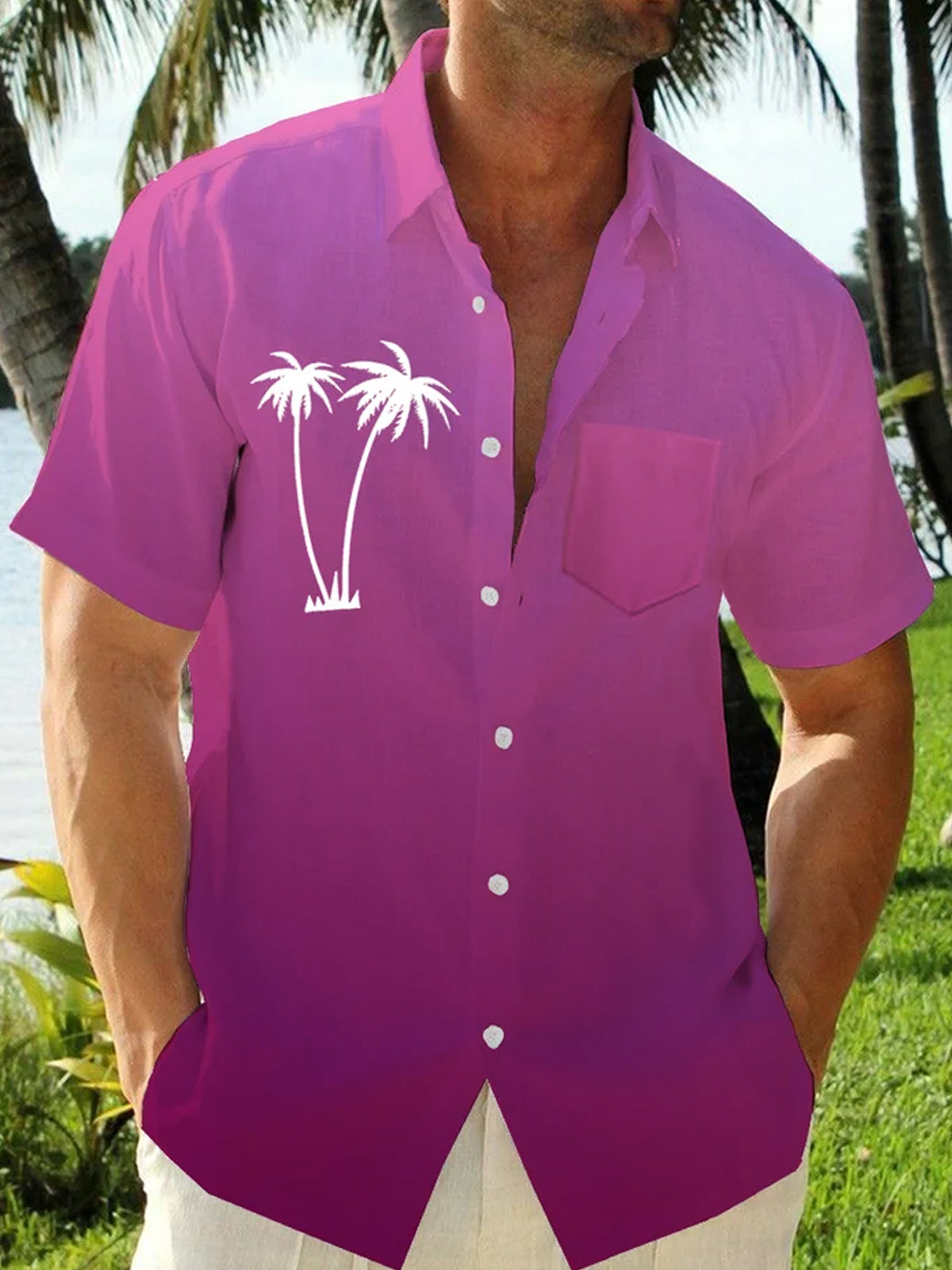 Hawaiian Coconut Tree Men's Pocket Short Sleeve Shirts