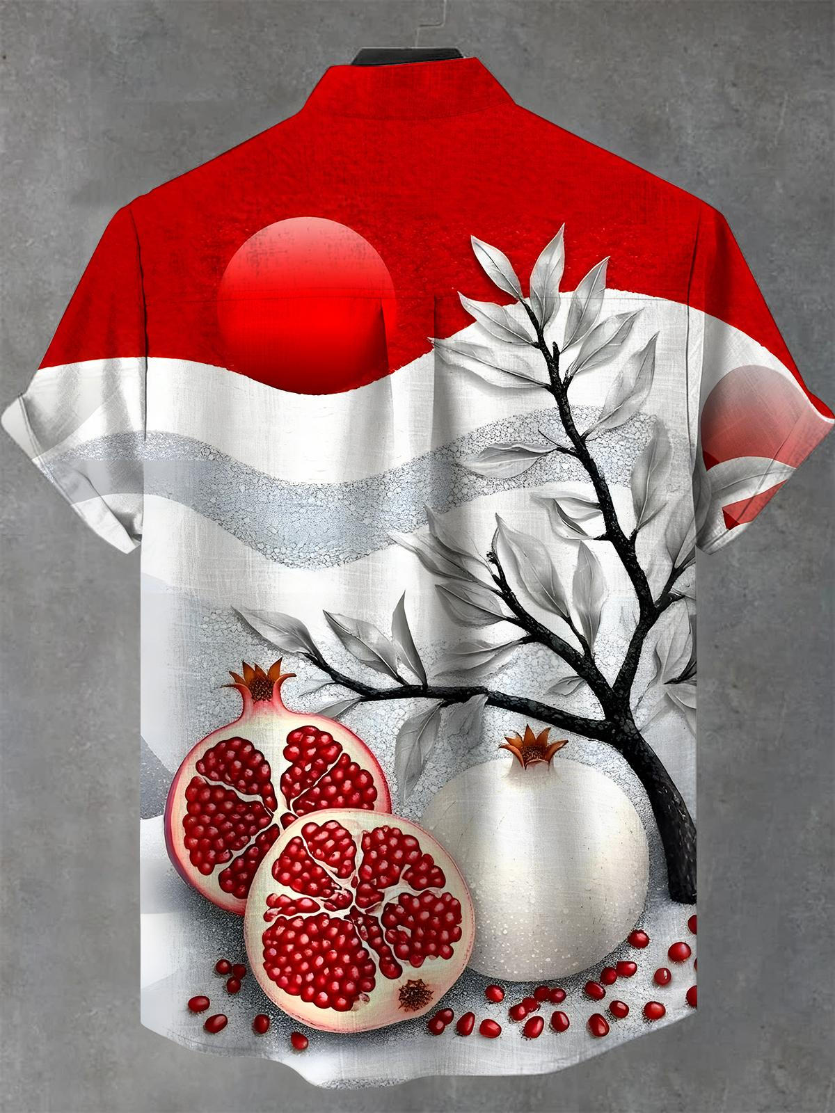 Fruit Pomegranate Men's Pocket Short Sleeve Stand Collar Shirts