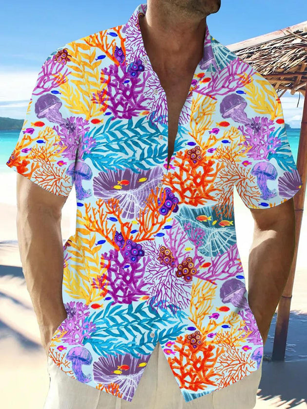 Men's coral marine life print short sleeve shirt front view