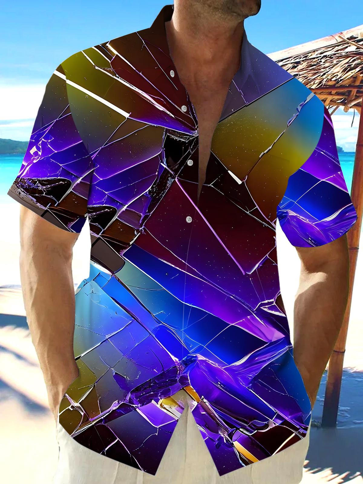 Gradient Broken Glass Print Men's Pocket Short Sleeve Shirts