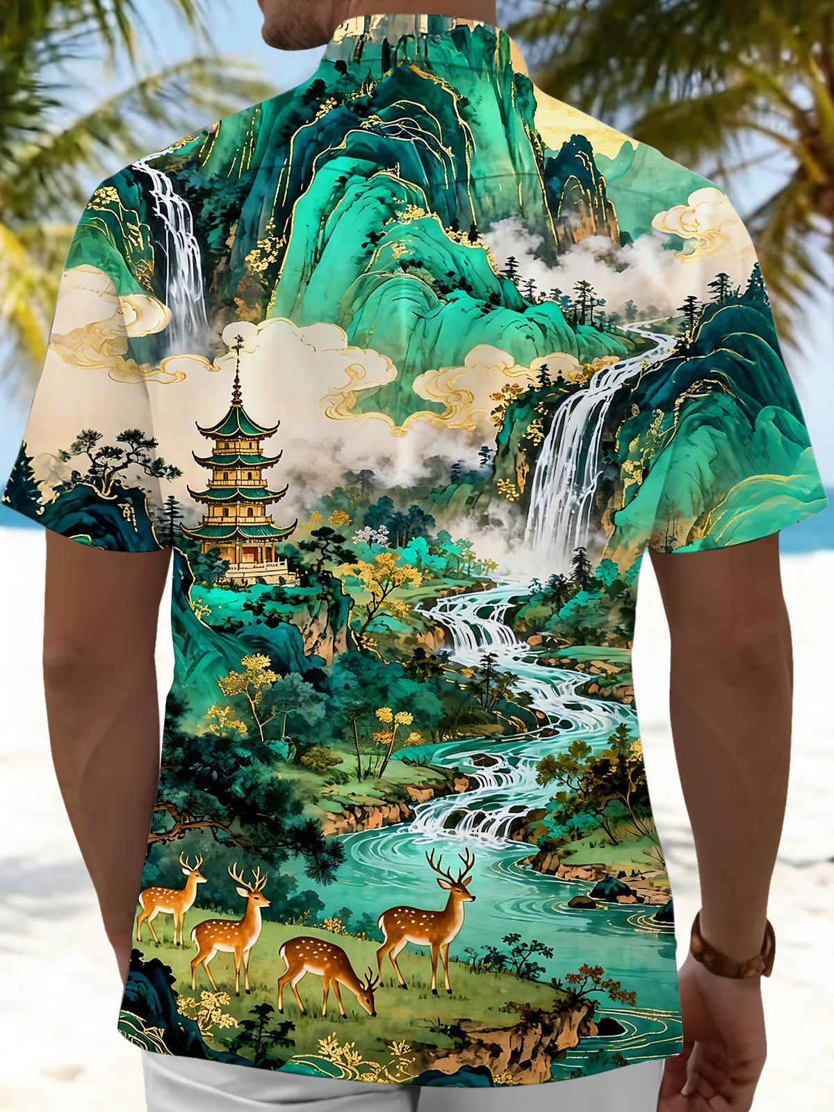 Art Green Landscape With Elk Men's Pocket Short Sleeve Shirts