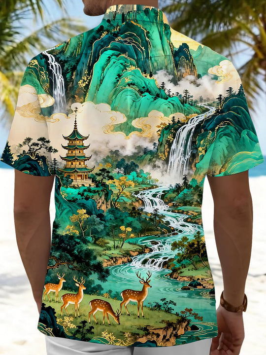 Art Green Landscape With Elk Men's Pocket Short Sleeve Shirts