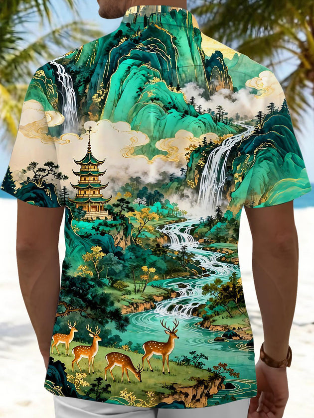 Art Green Landscape With Elk Men's Pocket Short Sleeve Shirts