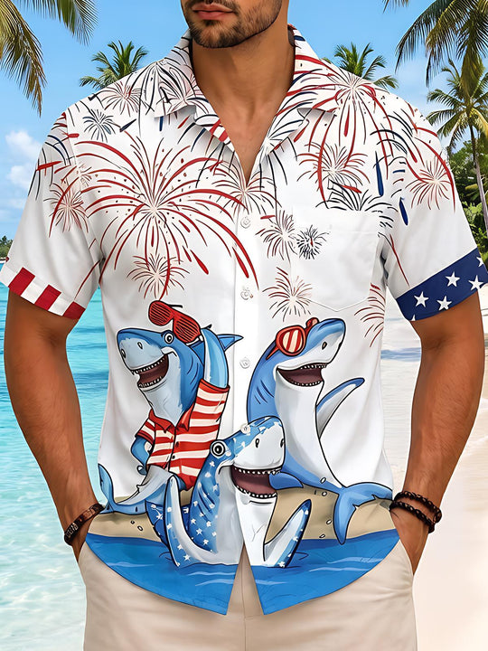 American Flag Shark Firework Independence Day Men's Pocket Short Sleeve Shirts