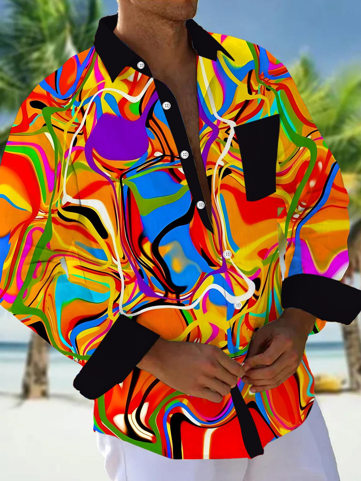 Colorful Tie Dye Abstract Men's Pocket Long Sleeve Shirts