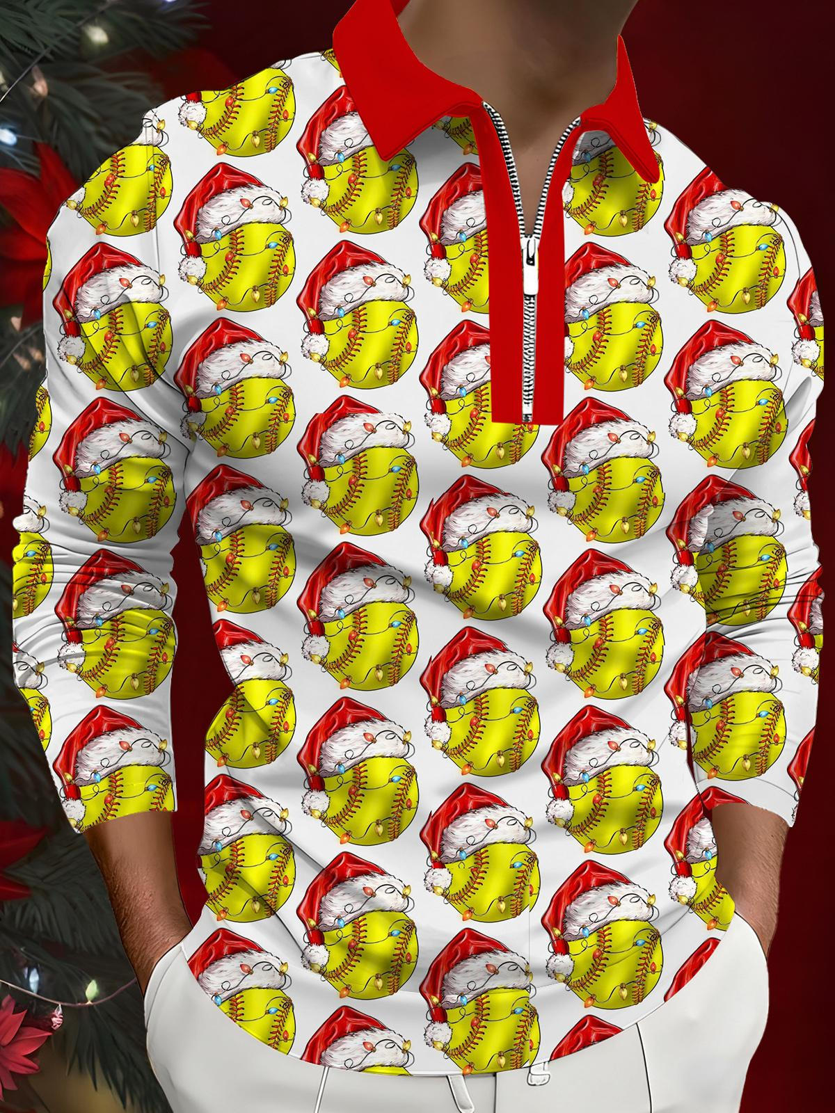 Christmas Softball Print Men's Long Sleeve Zipper Polo