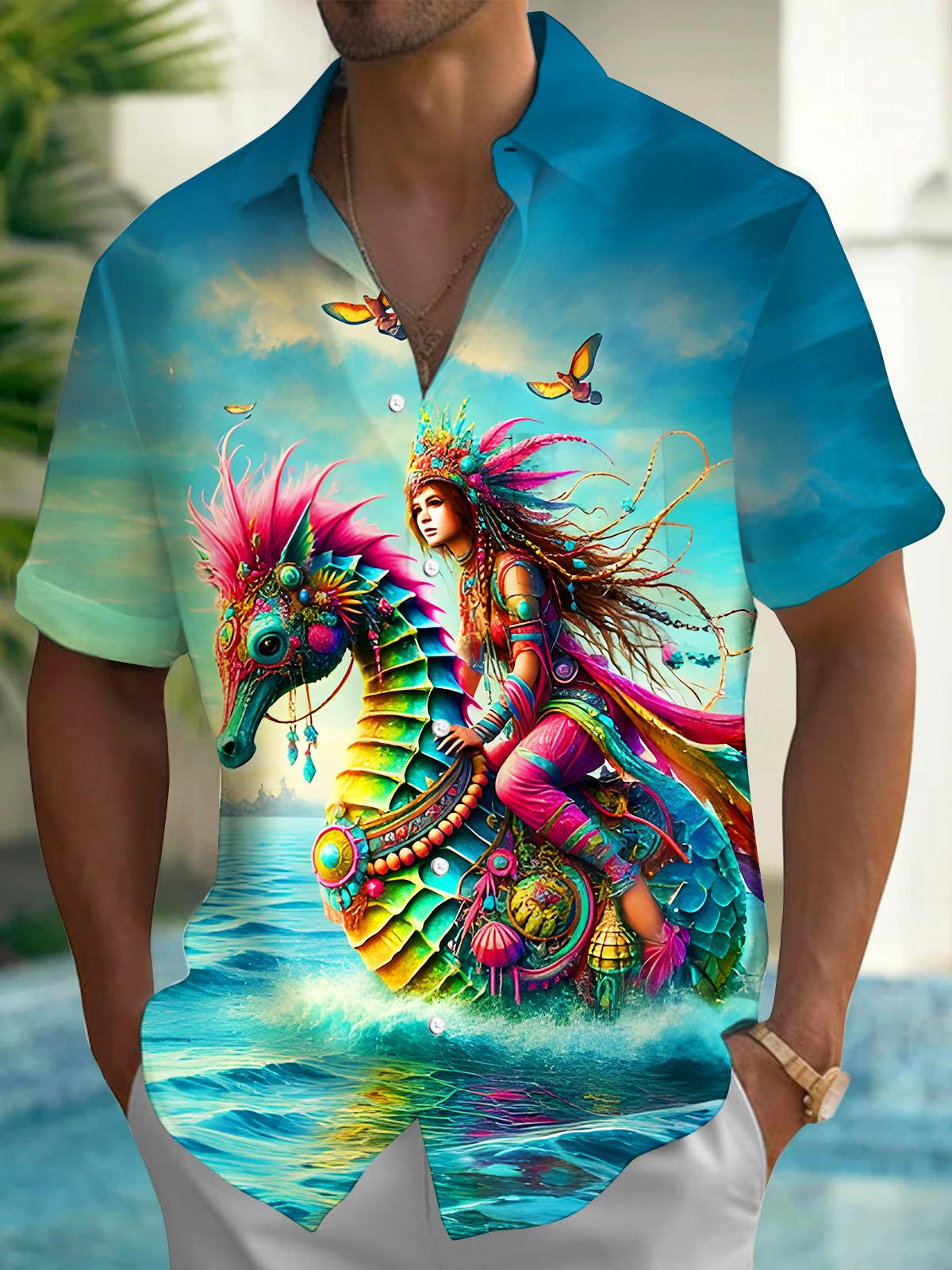 Art Fantasy Ocean Princess Riding Seahorse Men's Pocket Short Sleeve Shirts