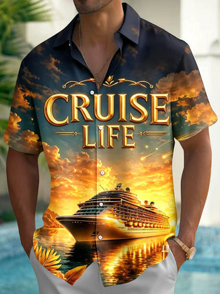 Adaychic Cruise Ship Sunset Graphic Print Matching Couple Short Sleeve Button Down Shirts