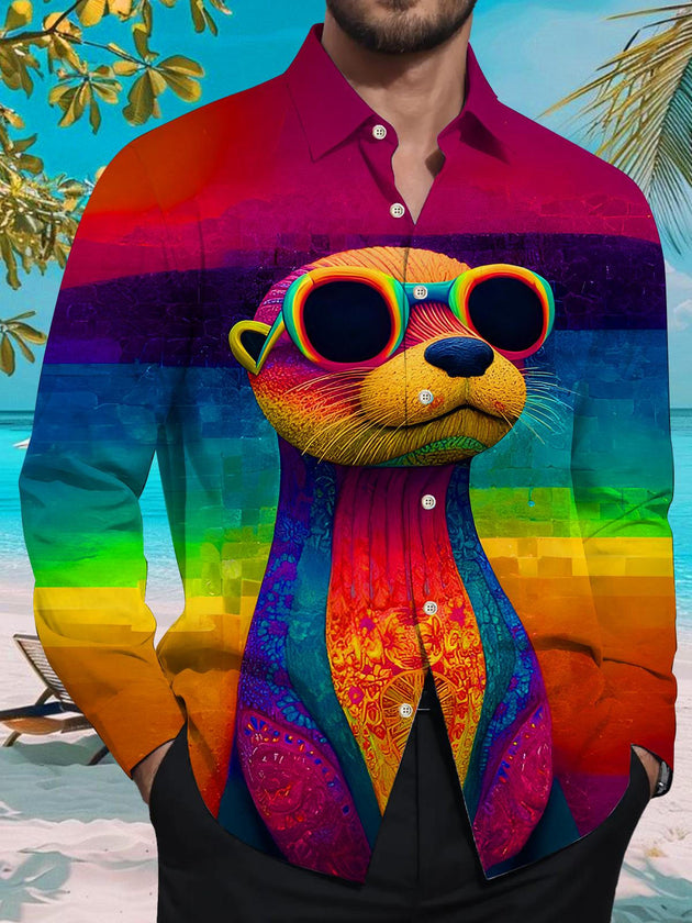 Men's long sleeve tie dye shirt front view with otter sunglasses pocket design