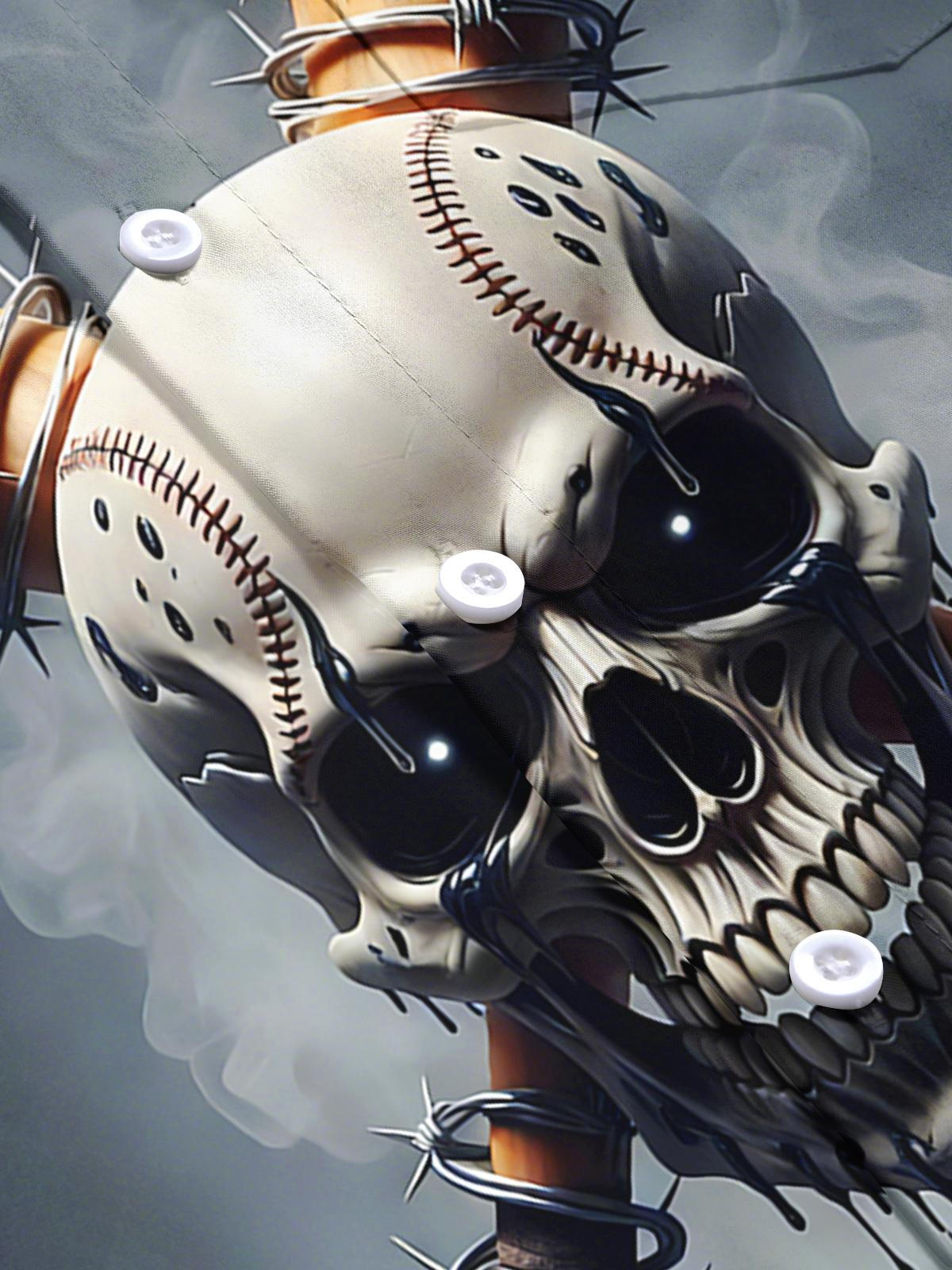 Baseball Skull Print Men's Pocket Short Sleeve Shirts