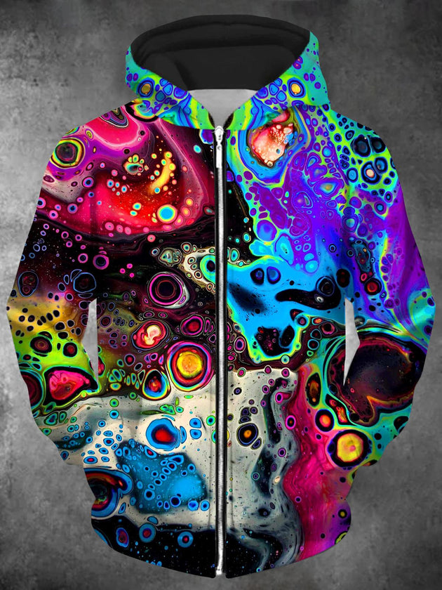 men abstract print long sleeve zip up hoodie front view