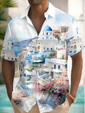 Santorini Greece Travel Print Men's Pocket Short Sleeve Shirts