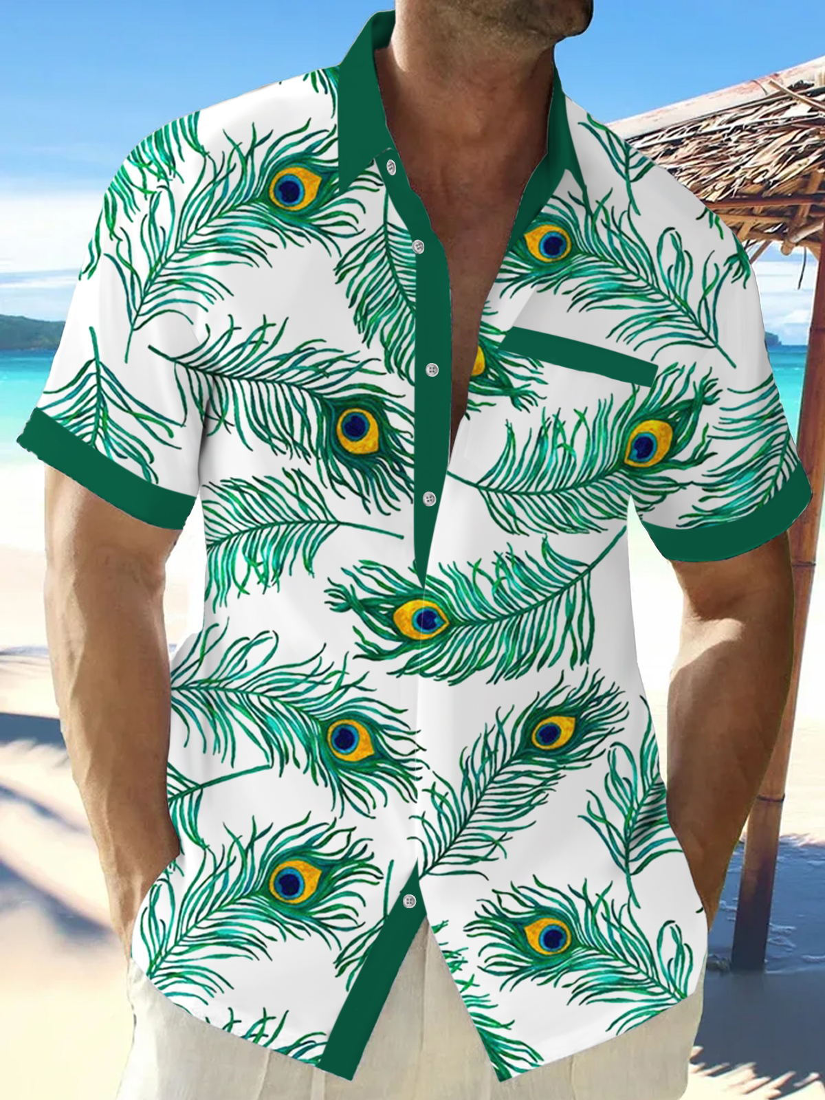 Peacock Feather Print Men's Pocket Short Sleeve Shirts