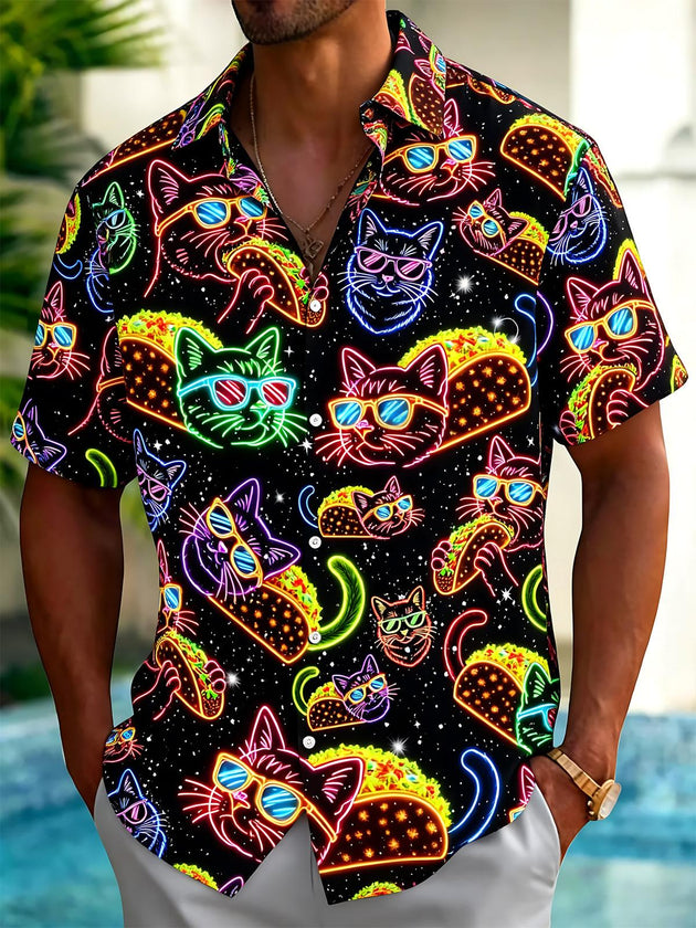 Neon Cat Taco Cake Print Men's Pocket Short Sleeve Shirts