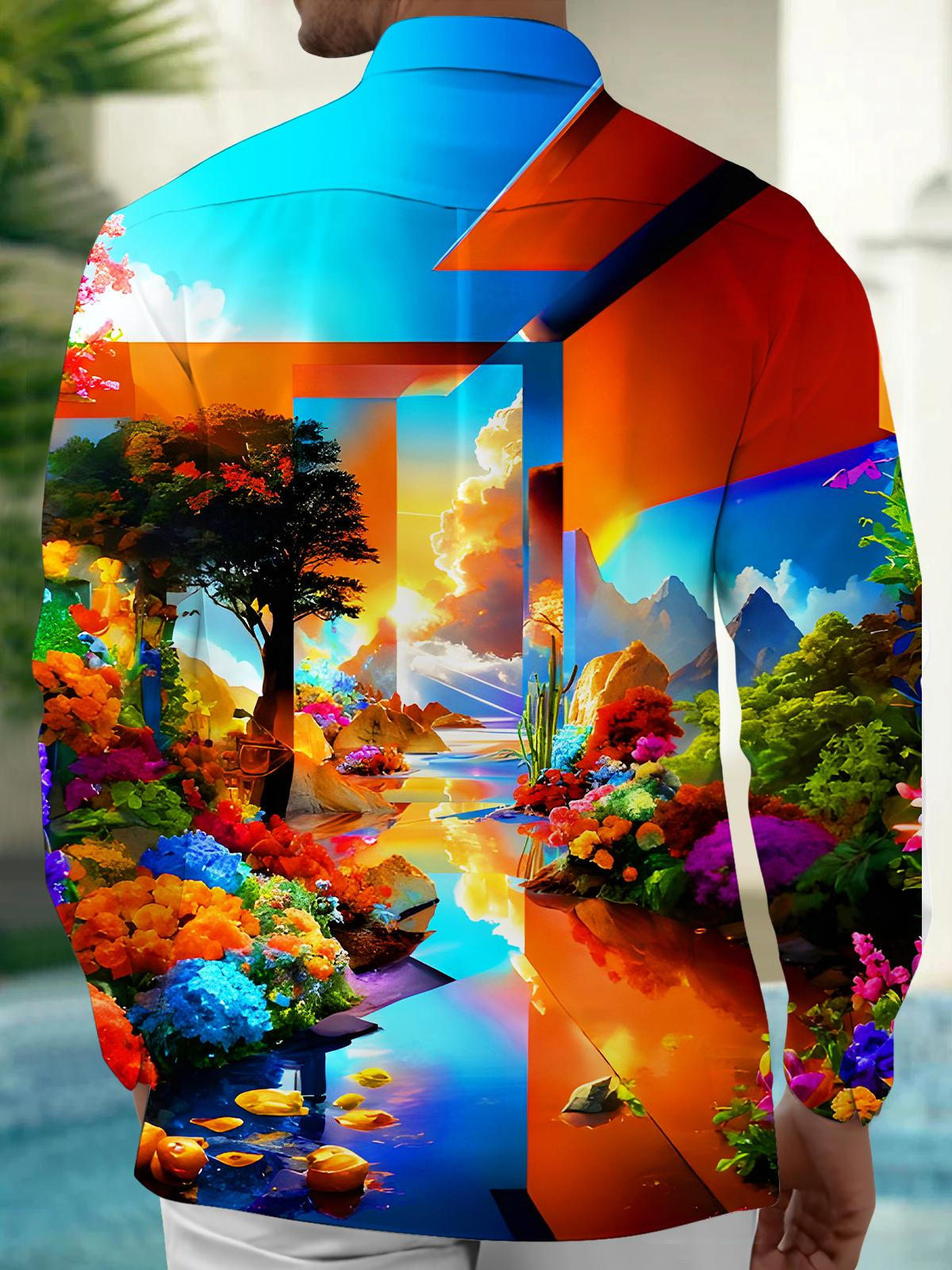 Plant Floral Mirror Water Feature Sunset Glow Mountains Geometry Men's Pocket Long Sleeve Shirts
