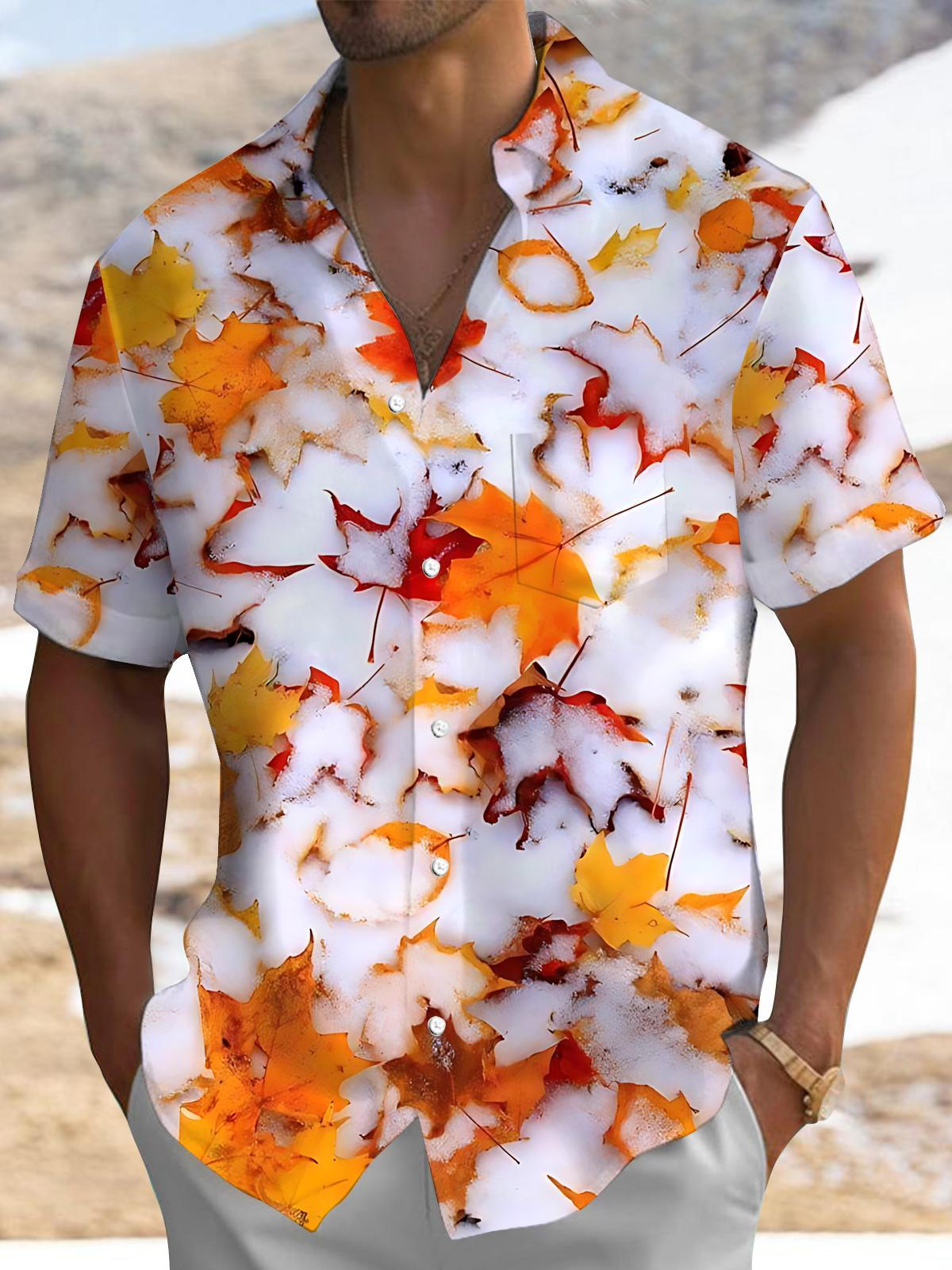 Snow Maple Leaf Print Men's Pocket Short Sleeve Shirts