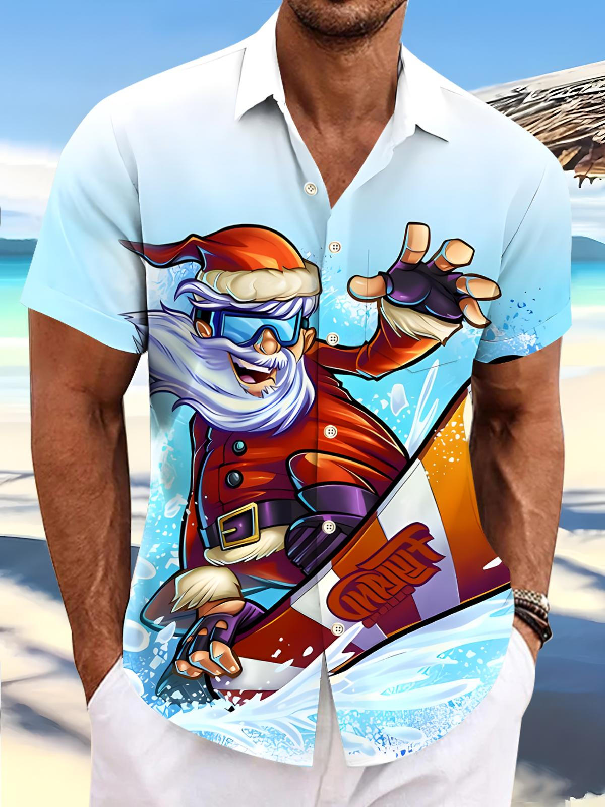 Santa Claus Surfing Men's Pocket Short Sleeve Shirts