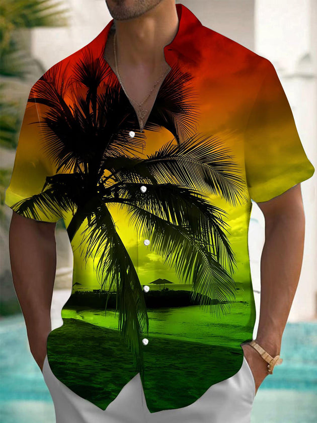 Men's Hawaiian coconut tree print short sleeve shirt front view for tropical beach vacation