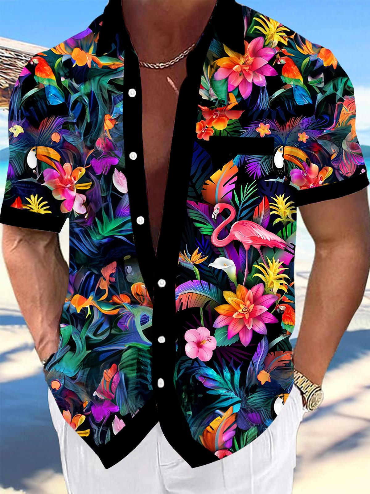 Hawaiian Plant Animal Print Men's Pocket Short Sleeve Shirts