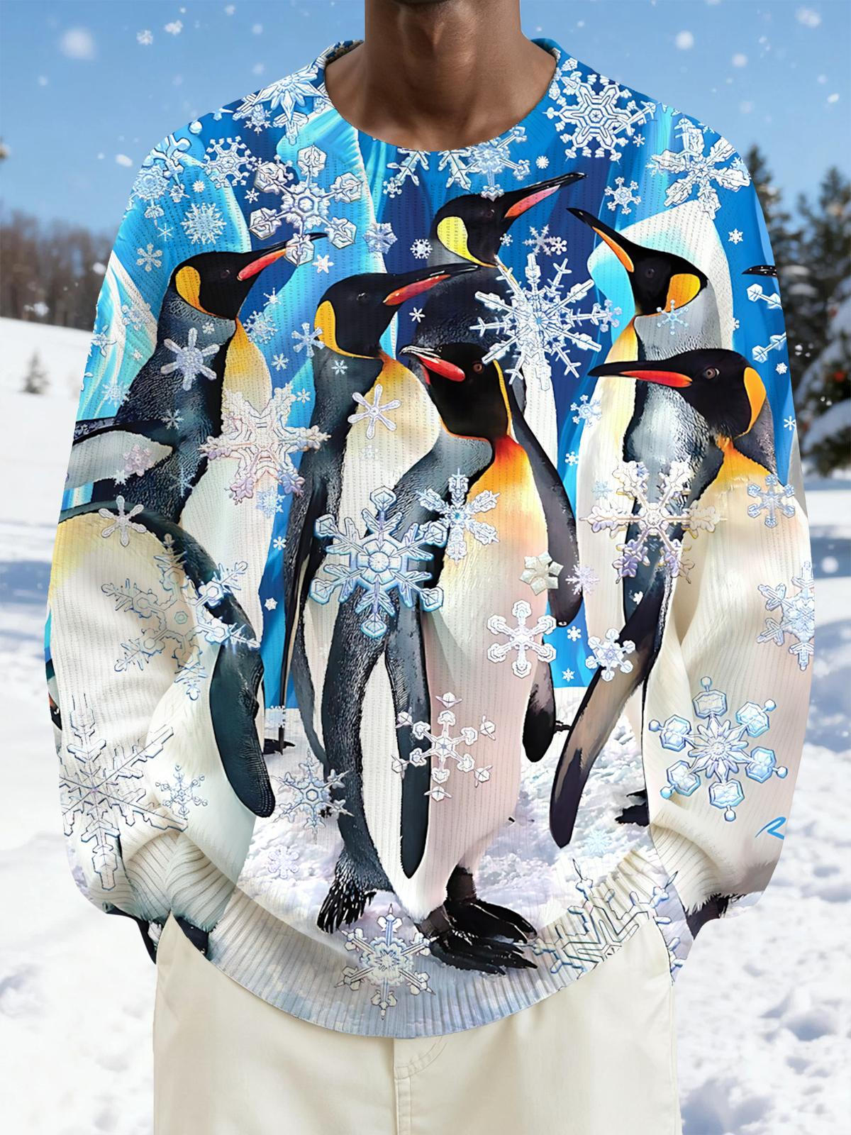 Penguin Snowflake Print Men's Long Sleeve Round Neck Tops
