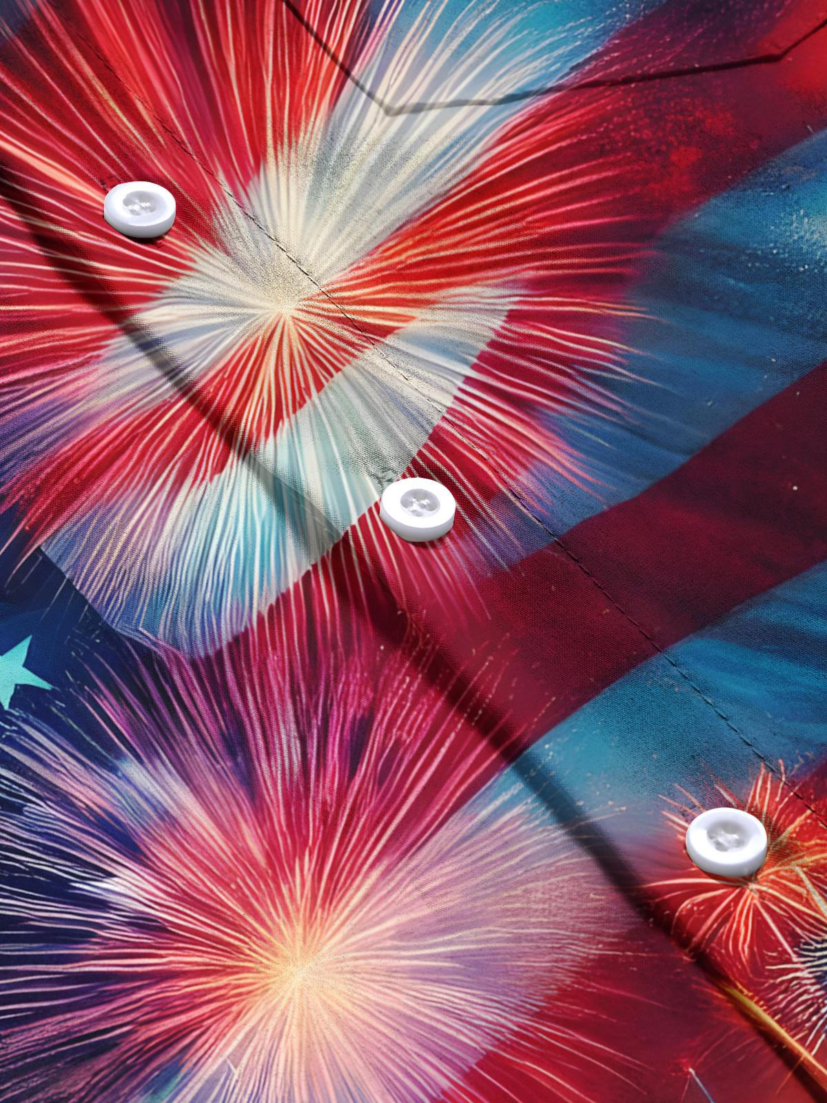 American Flag Independence Day Fireworks Night View Print Men's Pocket Short Sleeve Shirts