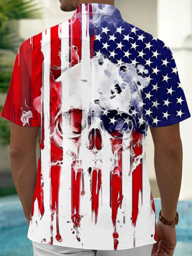 Men's black skull print American flag short sleeve shirt back view