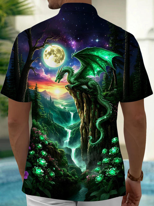 Men's black dragon print short sleeve shirt back view
