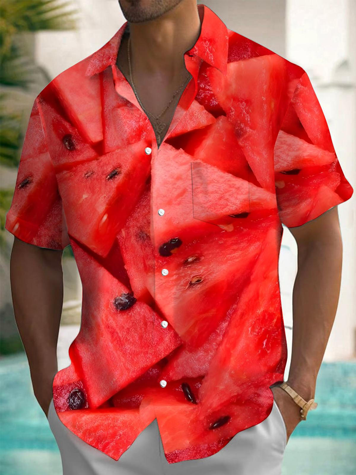 Watermelon Print Men's Pocket Short Sleeve Shirts