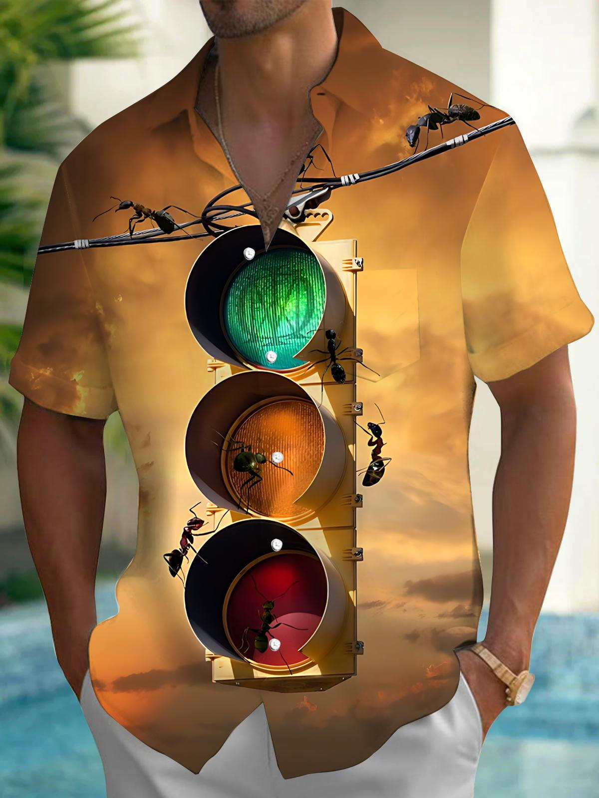 Traffic light Ant Print Men's Pocket Short Sleeve Shirts