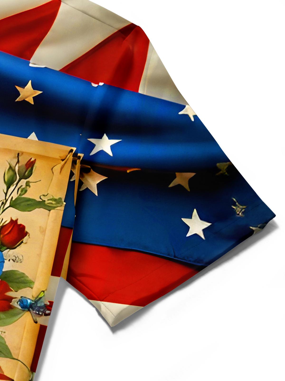 Men's vintage American flag music print short sleeve shirt close-up detail