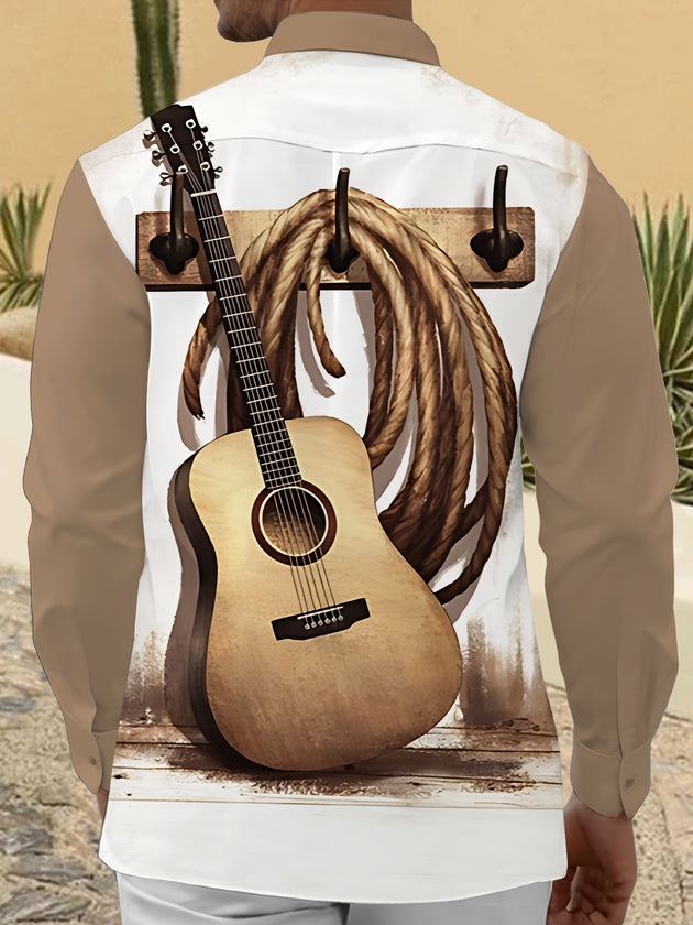 Men's black guitar print long sleeve shirt back view