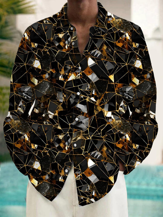 Men's geometric broken glass print pocket long sleeve shirt front view