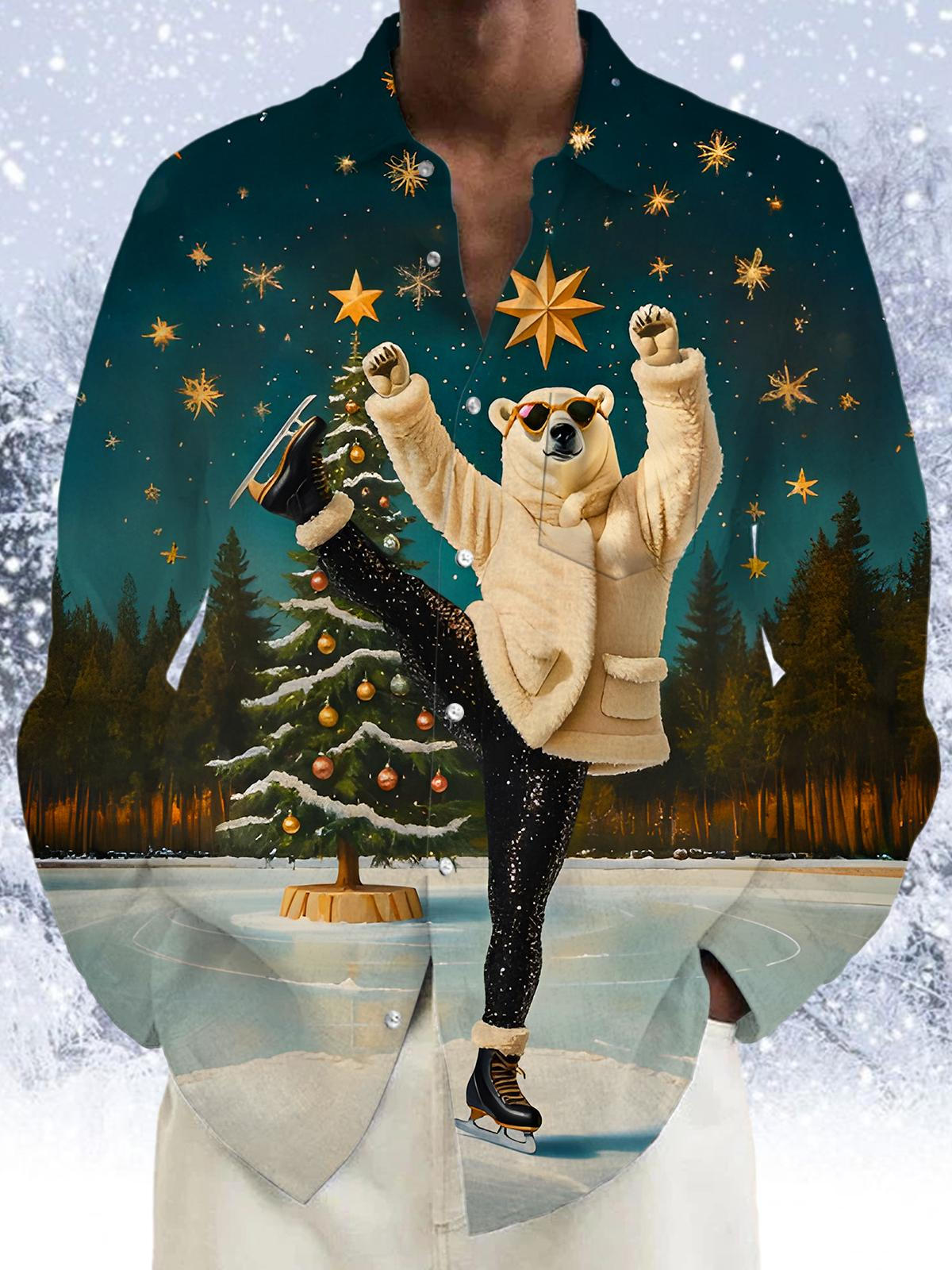 Fun Polar Bear Ice Skating Christmas Tree Men's Pocket Long Sleeve Shirts