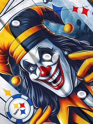 Men's short sleeve shirt with fun poker clown pattern flat lay view