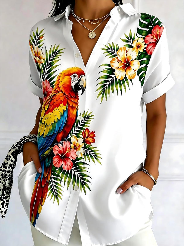Parrot Flower Print Women's Short Sleeve Shirts